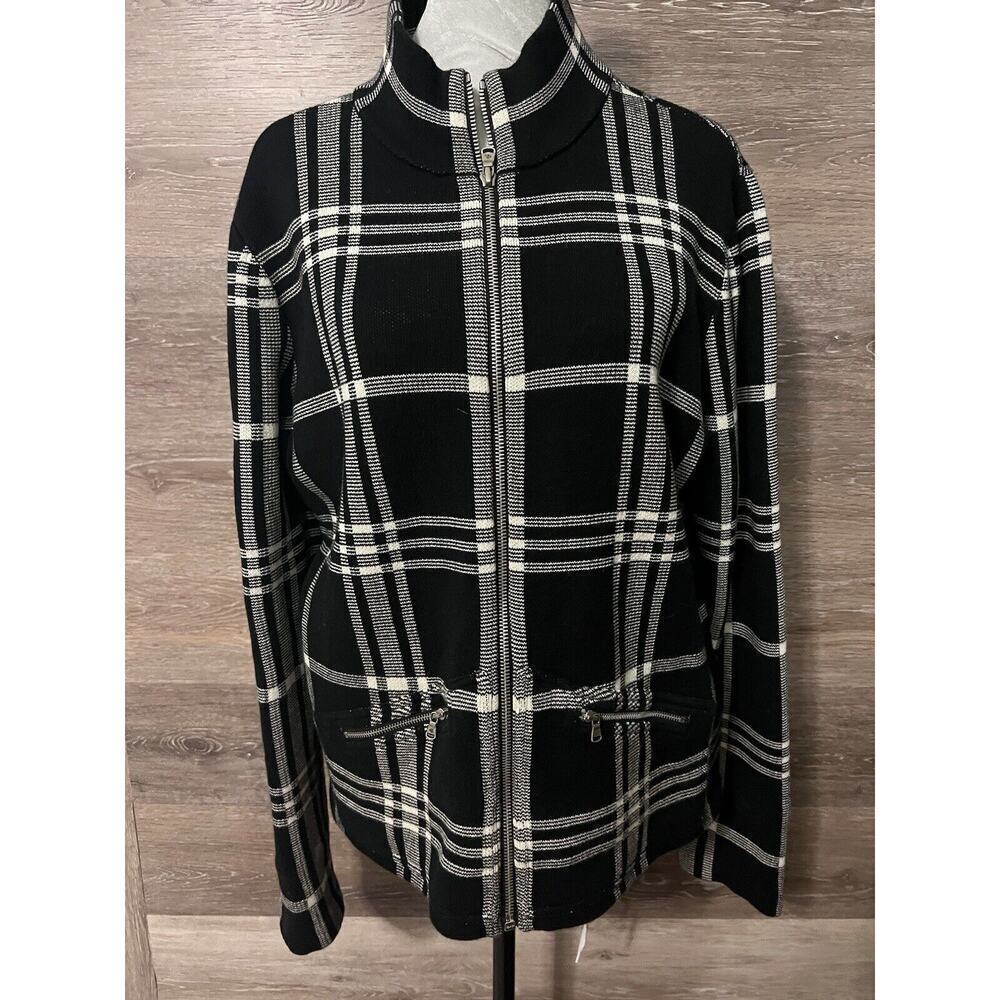 Ralph Lauren Plaid Cotton Zip Blazer Jacket Knit Stretch Preppy L Black White